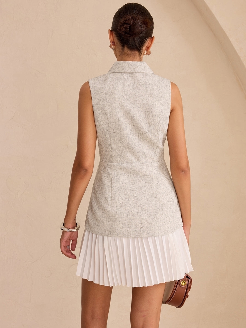 Commense Sleeveless Tweed And  Pleated Dress - Cream - Picture 2 of 2